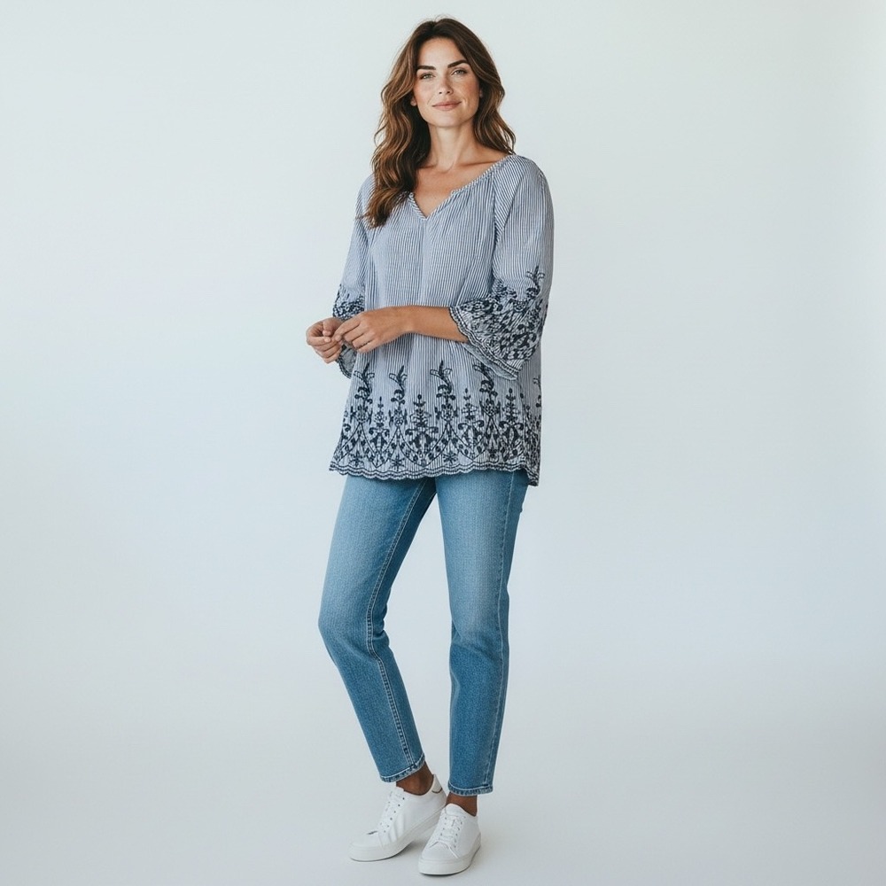 Calao Womens Blue White Striped Embroidered Tunic Blouse V-Neck Boho Top Large